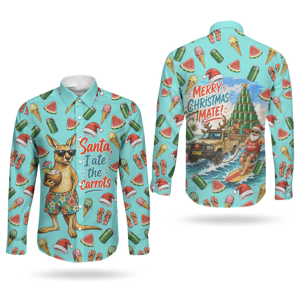 Aussie Christmas Santa Couples Matching Long Sleeve Bodycon Dress and Long Sleeve Button Shirt Retro Cartoon Summer Holiday Beach - I Ate The Carrots Kangaroo