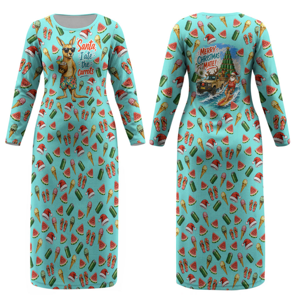 Aussie Christmas Santa Couples Matching Long Sleeve Bodycon Dress and Long Sleeve Button Shirt Retro Cartoon Summer Holiday Beach - I Ate The Carrots Kangaroo