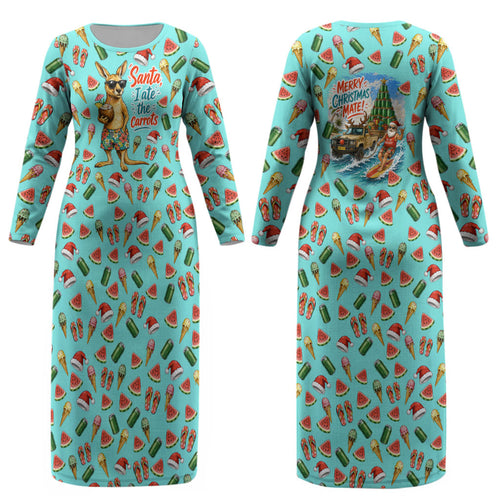 Aussie Christmas Santa Couples Matching Long Sleeve Bodycon Dress and Long Sleeve Button Shirt Retro Cartoon Summer Holiday Beach - I Ate The Carrots Kangaroo