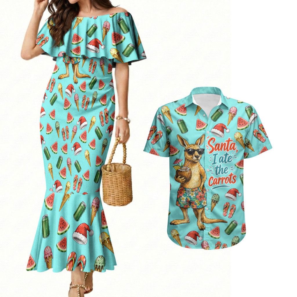 Aussie Christmas Santa Couples Matching Mermaid Dress and Hawaiian Shirt Retro Cartoon Summer Holiday Beach - I Ate The Carrots Kangaroo