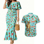 Aussie Christmas Santa Couples Matching Mermaid Dress and Hawaiian Shirt Retro Cartoon Summer Holiday Beach - I Ate The Carrots Kangaroo