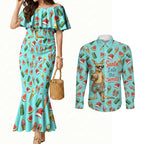 Aussie Christmas Santa Couples Matching Mermaid Dress and Long Sleeve Button Shirt Retro Cartoon Summer Holiday Beach - I Ate The Carrots Kangaroo