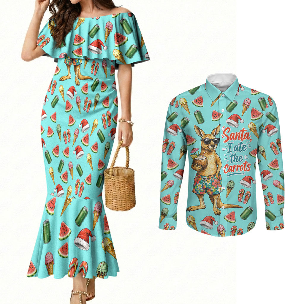 Aussie Christmas Santa Couples Matching Mermaid Dress and Long Sleeve Button Shirt Retro Cartoon Summer Holiday Beach - I Ate The Carrots Kangaroo