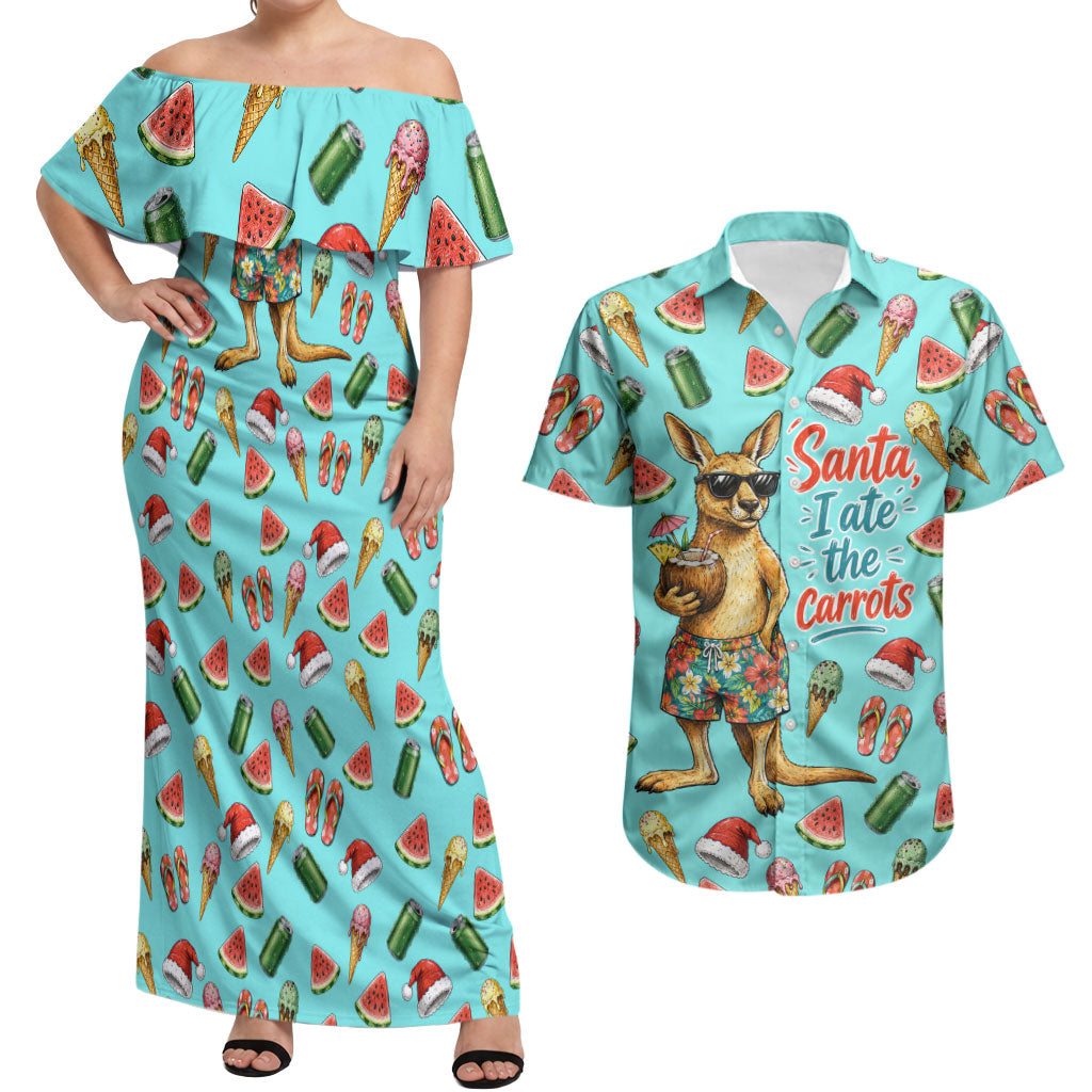 Aussie Christmas Santa Couples Matching Off Shoulder Maxi Dress and Hawaiian Shirt Retro Cartoon Summer Holiday Beach - I Ate The Carrots Kangaroo