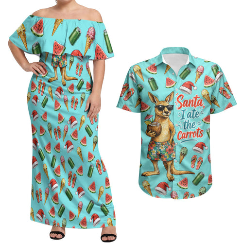 Aussie Christmas Santa Couples Matching Off Shoulder Maxi Dress and Hawaiian Shirt Retro Cartoon Summer Holiday Beach - I Ate The Carrots Kangaroo