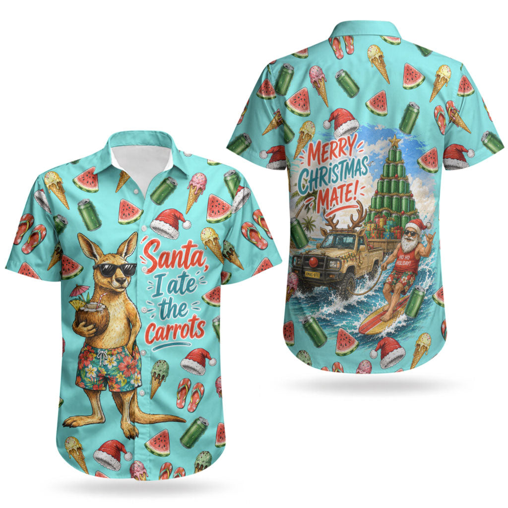 Aussie Christmas Santa Couples Matching Off Shoulder Maxi Dress and Hawaiian Shirt Retro Cartoon Summer Holiday Beach - I Ate The Carrots Kangaroo