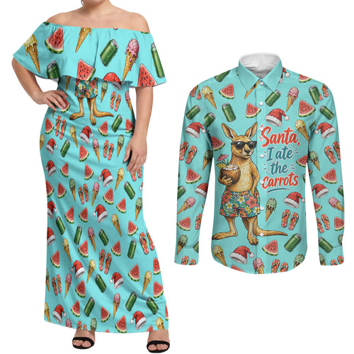 Aussie Christmas Santa Couples Matching Off Shoulder Maxi Dress and Long Sleeve Button Shirt Retro Cartoon Summer Holiday Beach - I Ate The Carrots Kangaroo