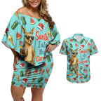 Aussie Christmas Santa Couples Matching Off Shoulder Short Dress and Hawaiian Shirt Retro Cartoon Summer Holiday Beach - I Ate The Carrots Kangaroo