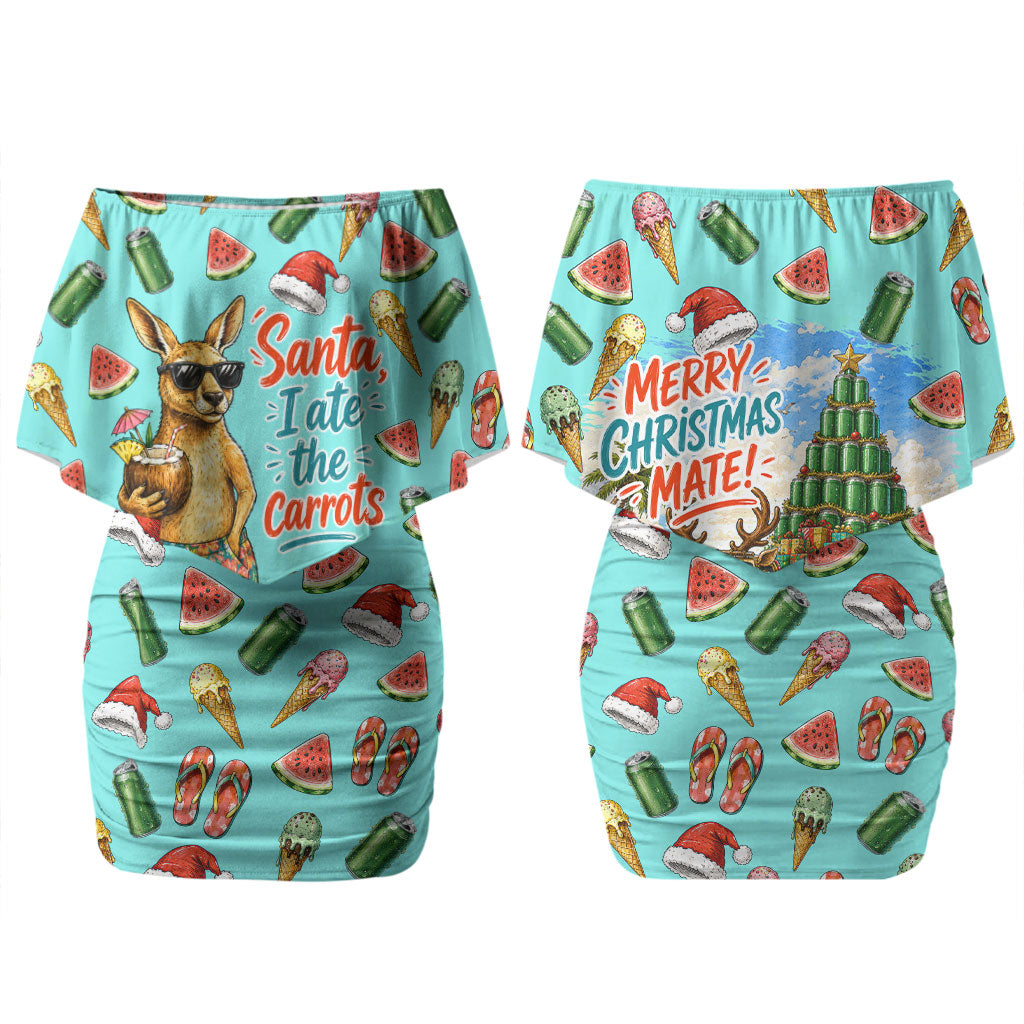 Aussie Christmas Santa Couples Matching Off Shoulder Short Dress and Hawaiian Shirt Retro Cartoon Summer Holiday Beach - I Ate The Carrots Kangaroo