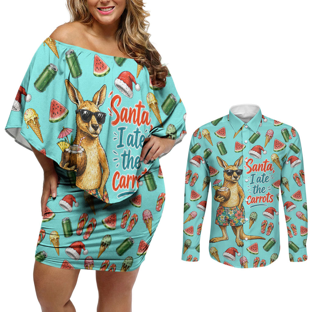Aussie Christmas Santa Couples Matching Off Shoulder Short Dress and Long Sleeve Button Shirt Retro Cartoon Summer Holiday Beach - I Ate The Carrots Kangaroo