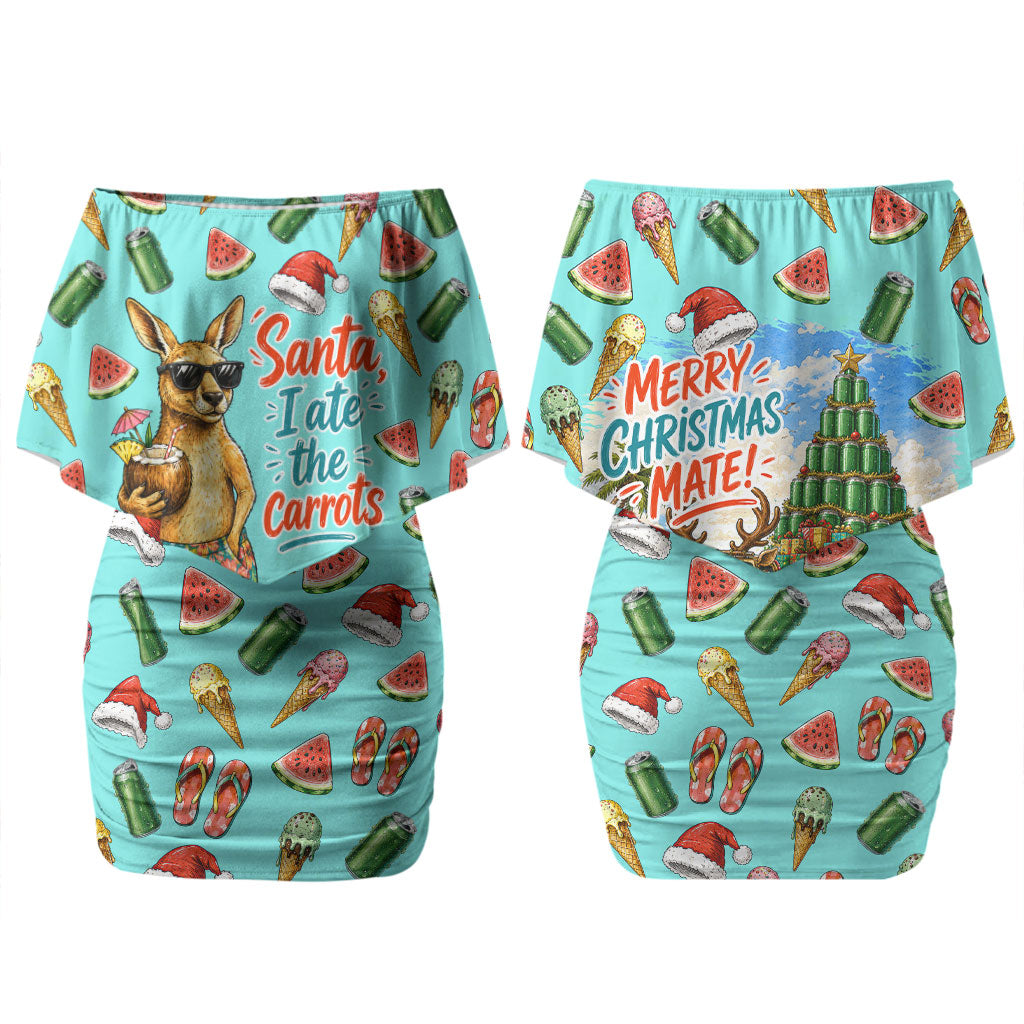 Aussie Christmas Santa Couples Matching Off Shoulder Short Dress and Long Sleeve Button Shirt Retro Cartoon Summer Holiday Beach - I Ate The Carrots Kangaroo