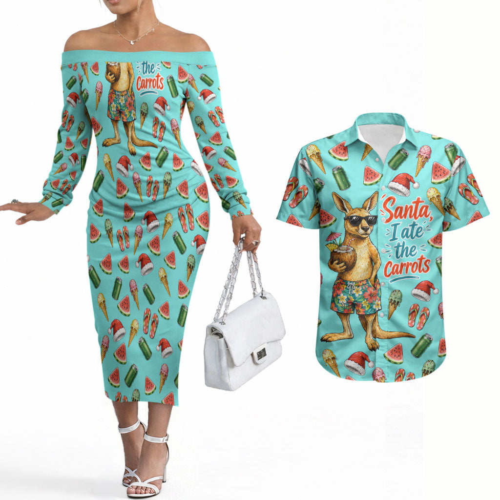 Aussie Christmas Santa Couples Matching Off The Shoulder Long Sleeve Dress and Hawaiian Shirt Retro Cartoon Summer Holiday Beach - I Ate The Carrots Kangaroo