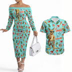 Aussie Christmas Santa Couples Matching Off The Shoulder Long Sleeve Dress and Hawaiian Shirt Retro Cartoon Summer Holiday Beach - I Ate The Carrots Kangaroo