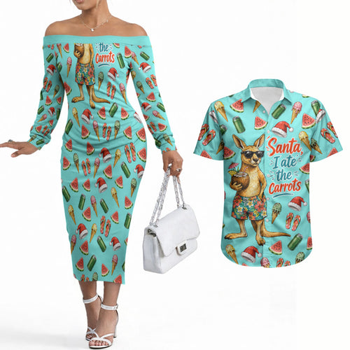 Aussie Christmas Santa Couples Matching Off The Shoulder Long Sleeve Dress and Hawaiian Shirt Retro Cartoon Summer Holiday Beach - I Ate The Carrots Kangaroo