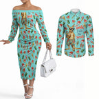 Aussie Christmas Santa Couples Matching Off The Shoulder Long Sleeve Dress and Long Sleeve Button Shirt Retro Cartoon Summer Holiday Beach - I Ate The Carrots Kangaroo