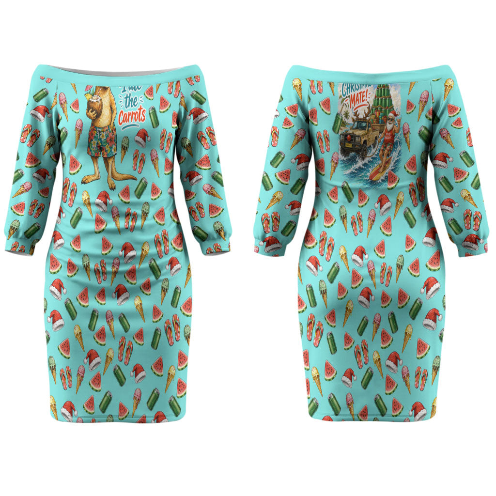Aussie Christmas Santa Couples Matching Off The Shoulder Long Sleeve Dress and Long Sleeve Button Shirt Retro Cartoon Summer Holiday Beach - I Ate The Carrots Kangaroo