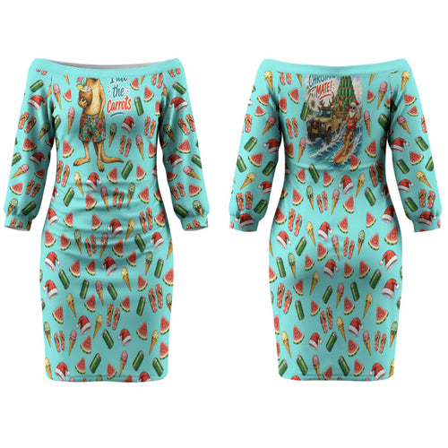 Aussie Christmas Santa Couples Matching Off The Shoulder Long Sleeve Dress and Long Sleeve Button Shirt Retro Cartoon Summer Holiday Beach - I Ate The Carrots Kangaroo