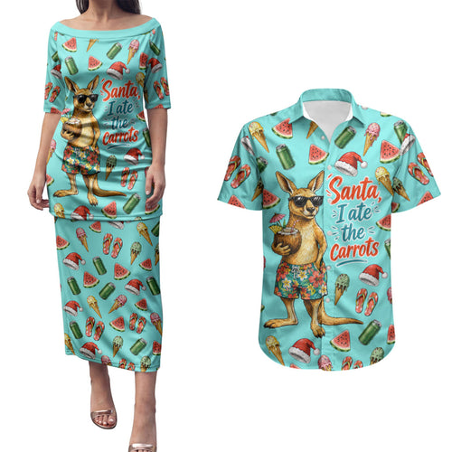 Aussie Christmas Santa Couples Matching Puletasi and Hawaiian Shirt Retro Cartoon Summer Holiday Beach - I Ate The Carrots Kangaroo