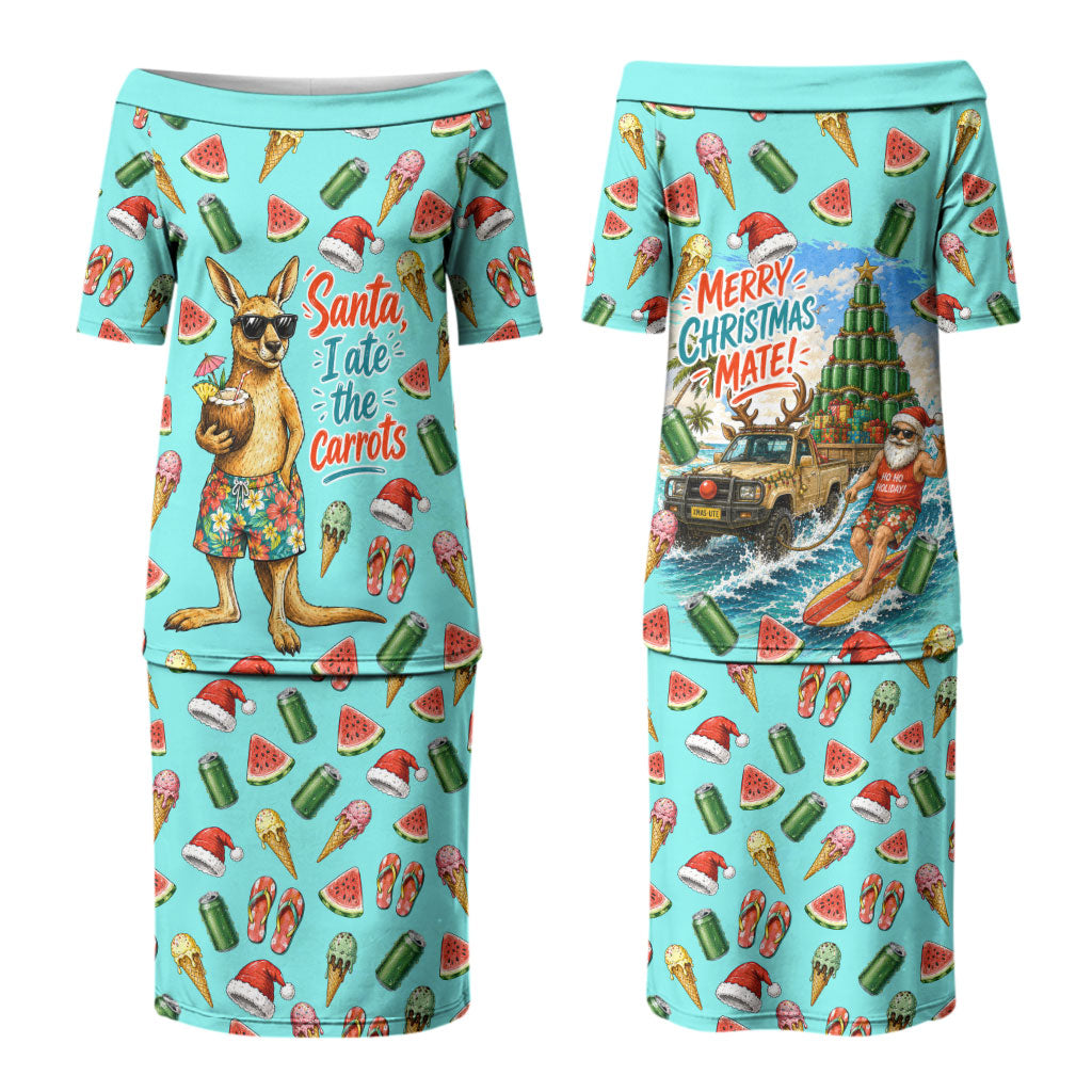 Aussie Christmas Santa Couples Matching Puletasi and Hawaiian Shirt Retro Cartoon Summer Holiday Beach - I Ate The Carrots Kangaroo