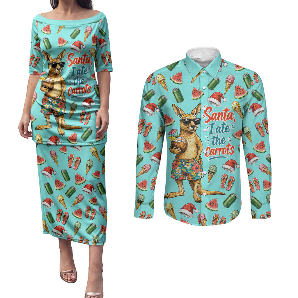 Aussie Christmas Santa Couples Matching Puletasi and Long Sleeve Button Shirt Retro Cartoon Summer Holiday Beach - I Ate The Carrots Kangaroo