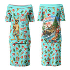Aussie Christmas Santa Couples Matching Puletasi and Long Sleeve Button Shirt Retro Cartoon Summer Holiday Beach - I Ate The Carrots Kangaroo