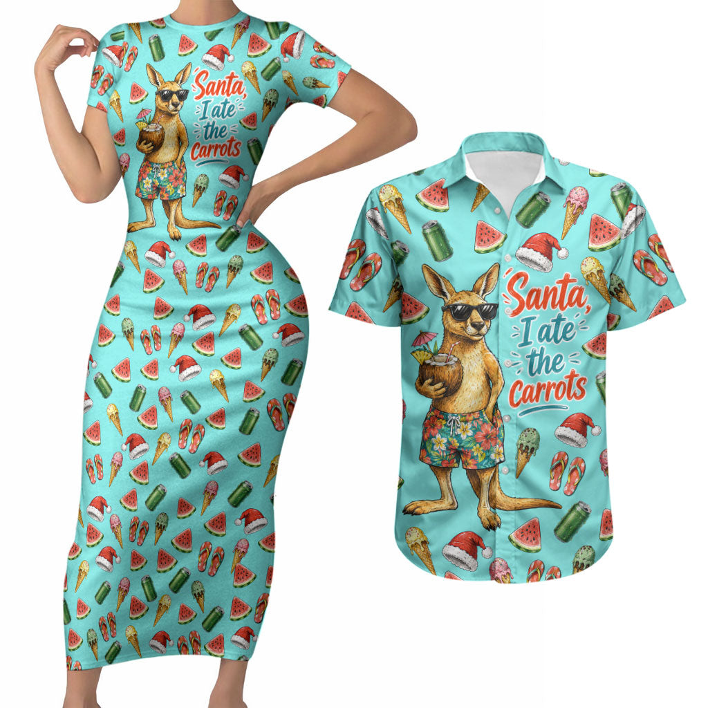 Aussie Christmas Santa Couples Matching Short Sleeve Bodycon Dress and Hawaiian Shirt Retro Cartoon Summer Holiday Beach - I Ate The Carrots Kangaroo