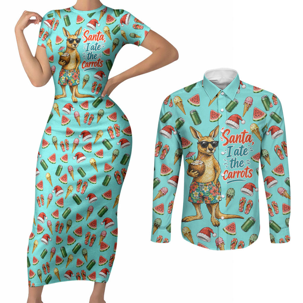 Aussie Christmas Santa Couples Matching Short Sleeve Bodycon Dress and Long Sleeve Button Shirt Retro Cartoon Summer Holiday Beach - I Ate The Carrots Kangaroo