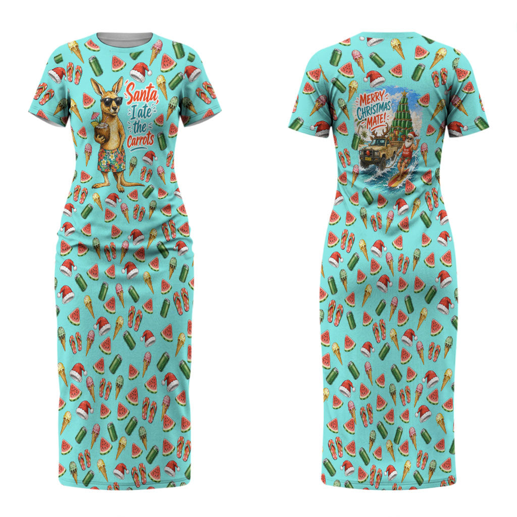 Aussie Christmas Santa Couples Matching Short Sleeve Bodycon Dress and Long Sleeve Button Shirt Retro Cartoon Summer Holiday Beach - I Ate The Carrots Kangaroo
