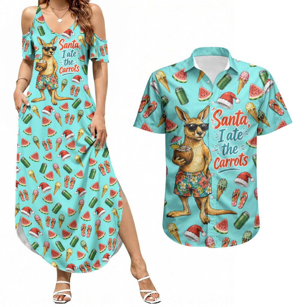 Aussie Christmas Santa Couples Matching Summer Maxi Dress and Hawaiian Shirt Retro Cartoon Summer Holiday Beach - I Ate The Carrots Kangaroo