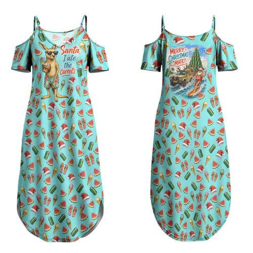 Aussie Christmas Santa Couples Matching Summer Maxi Dress and Hawaiian Shirt Retro Cartoon Summer Holiday Beach - I Ate The Carrots Kangaroo