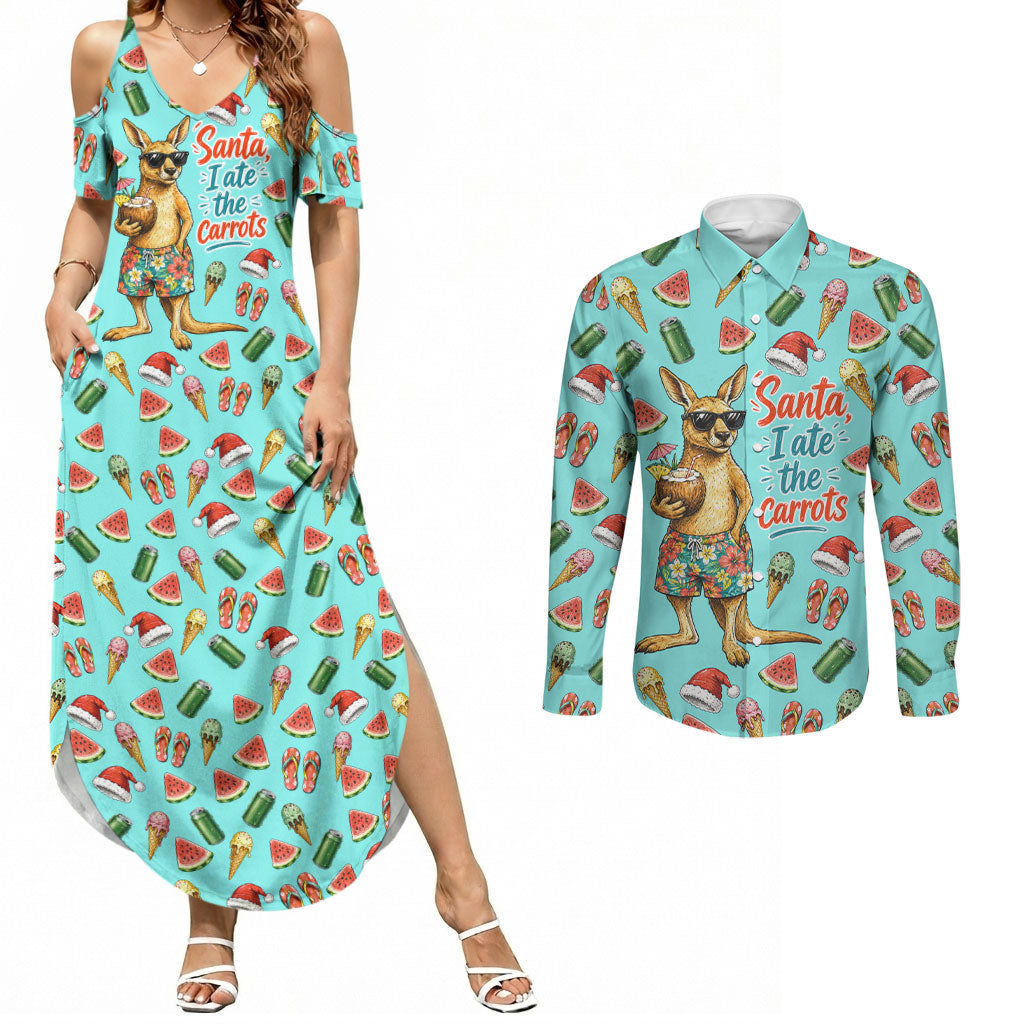 Aussie Christmas Santa Couples Matching Summer Maxi Dress and Long Sleeve Button Shirt Retro Cartoon Summer Holiday Beach - I Ate The Carrots Kangaroo