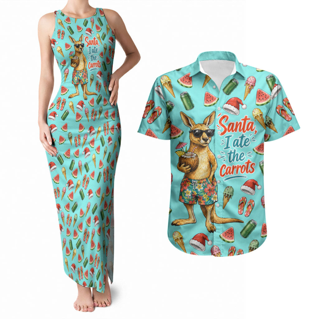 Aussie Christmas Santa Couples Matching Tank Maxi Dress and Hawaiian Shirt Retro Cartoon Summer Holiday Beach - I Ate The Carrots Kangaroo