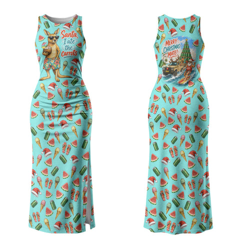 Aussie Christmas Santa Couples Matching Tank Maxi Dress and Hawaiian Shirt Retro Cartoon Summer Holiday Beach - I Ate The Carrots Kangaroo