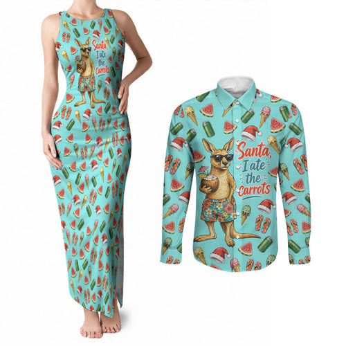Aussie Christmas Santa Couples Matching Tank Maxi Dress and Long Sleeve Button Shirt Retro Cartoon Summer Holiday Beach - I Ate The Carrots Kangaroo