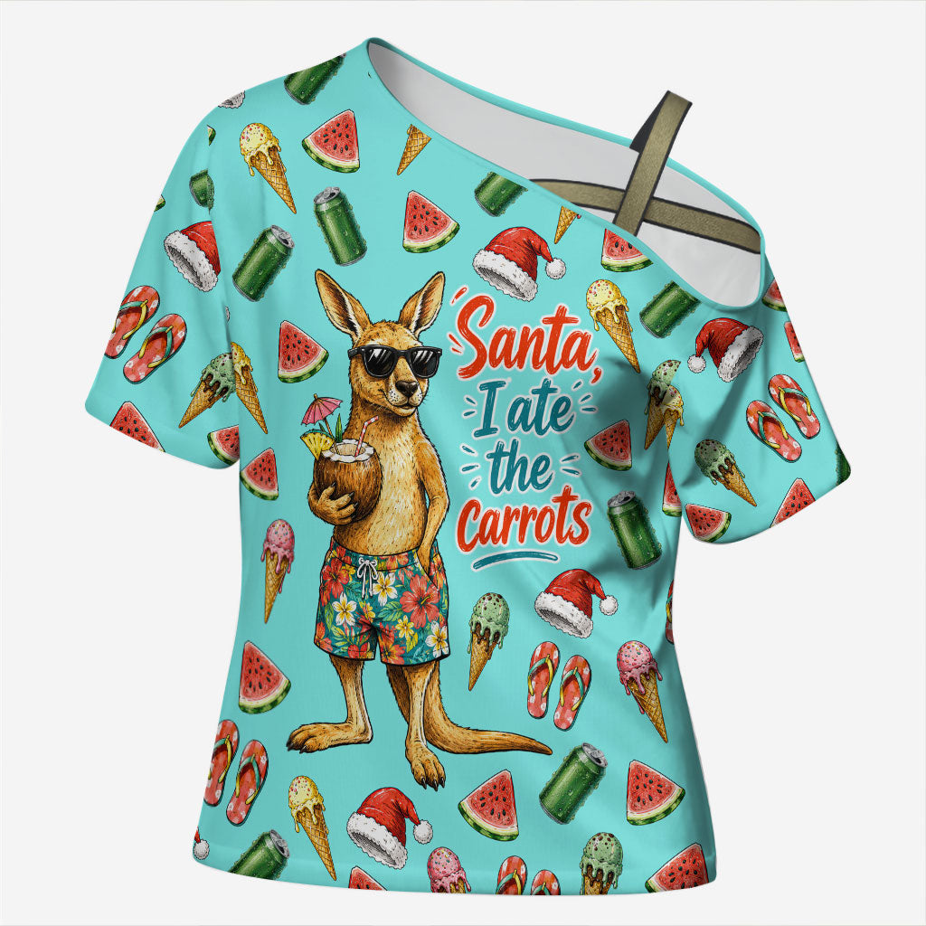 Aussie Christmas Santa Cross Shoulder Shirt Retro Cartoon Summer Holiday Beach - I Ate The Carrots Kangaroo