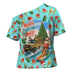 Aussie Christmas Santa Cross Shoulder Shirt Retro Cartoon Summer Holiday Beach - I Ate The Carrots Kangaroo