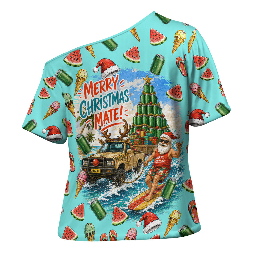 Aussie Christmas Santa Cross Shoulder Shirt Retro Cartoon Summer Holiday Beach - I Ate The Carrots Kangaroo