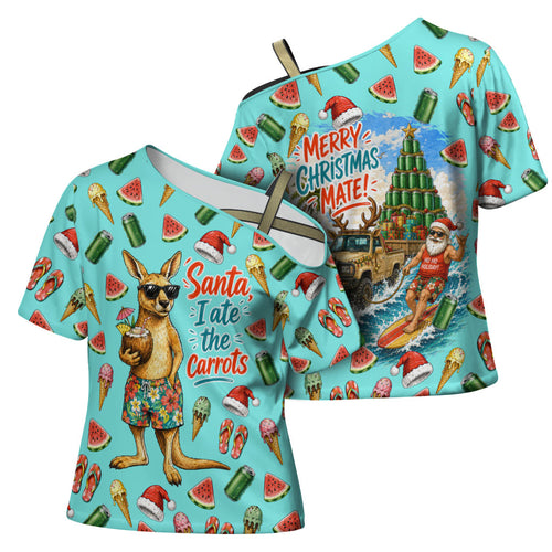 Aussie Christmas Santa Cross Shoulder Shirt Retro Cartoon Summer Holiday Beach - I Ate The Carrots Kangaroo