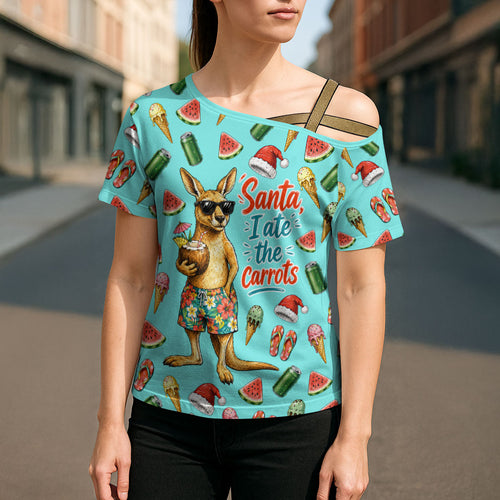 Aussie Christmas Santa Cross Shoulder Shirt Retro Cartoon Summer Holiday Beach - I Ate The Carrots Kangaroo