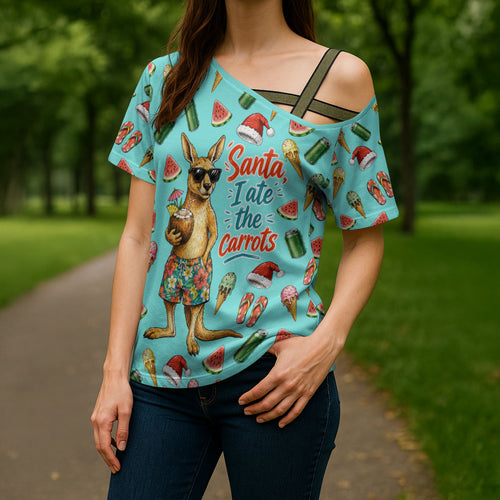 Aussie Christmas Santa Cross Shoulder Shirt Retro Cartoon Summer Holiday Beach - I Ate The Carrots Kangaroo