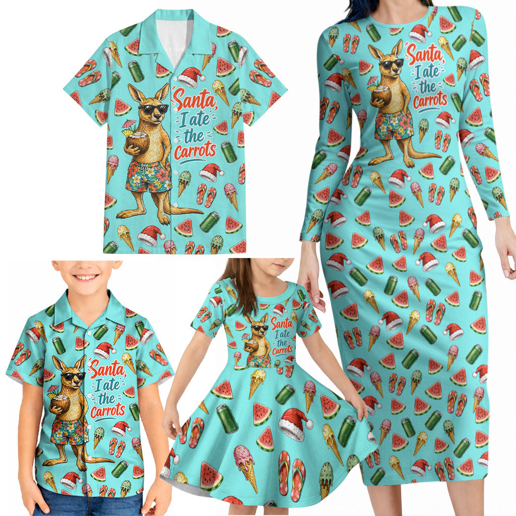 Aussie Christmas Santa Family Matching Long Sleeve Bodycon Dress and Hawaiian Shirt Retro Cartoon Summer Holiday Beach - I Ate The Carrots Kangaroo