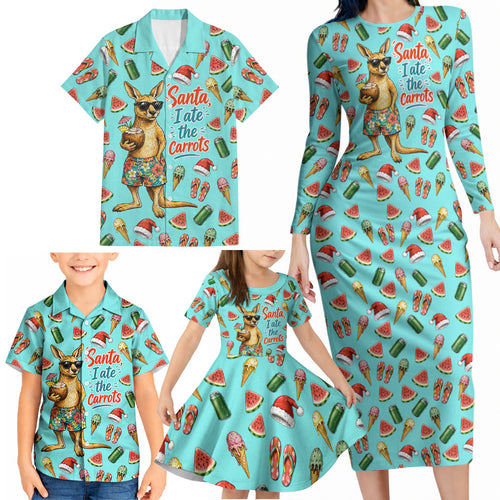 Aussie Christmas Santa Family Matching Long Sleeve Bodycon Dress and Hawaiian Shirt Retro Cartoon Summer Holiday Beach - I Ate The Carrots Kangaroo