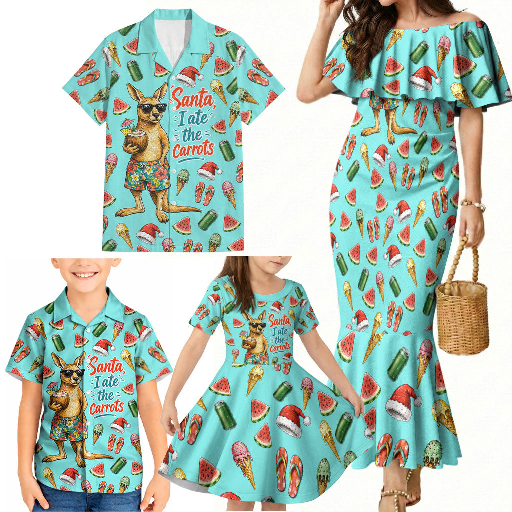 Aussie Christmas Santa Family Matching Mermaid Dress and Hawaiian Shirt Retro Cartoon Summer Holiday Beach - I Ate The Carrots Kangaroo