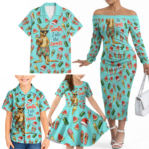Aussie Christmas Santa Family Matching Off The Shoulder Long Sleeve Dress and Hawaiian Shirt Retro Cartoon Summer Holiday Beach - I Ate The Carrots Kangaroo
