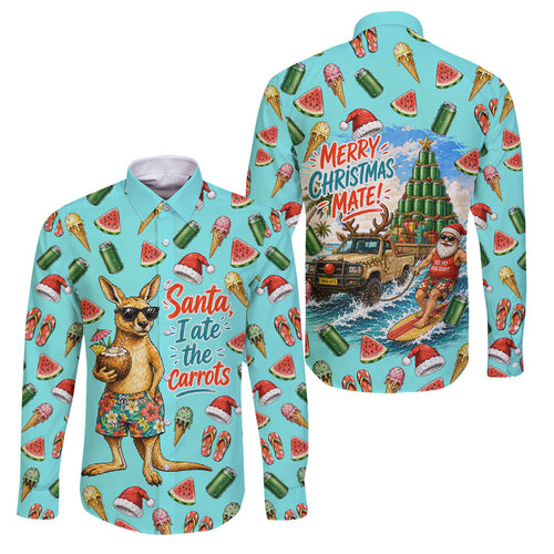 Aussie Christmas Santa Family Matching Off The Shoulder Long Sleeve Dress and Hawaiian Shirt Retro Cartoon Summer Holiday Beach - I Ate The Carrots Kangaroo