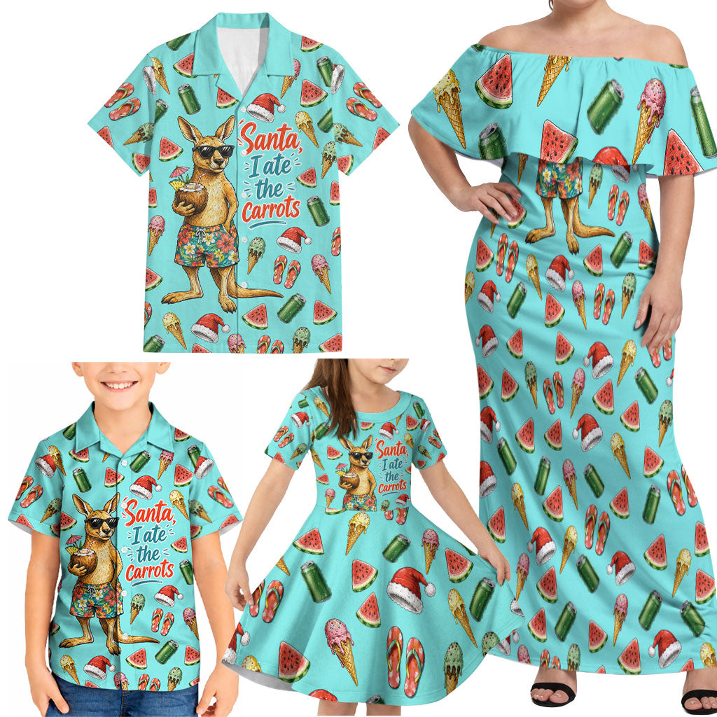 Aussie Christmas Santa Family Matching Off Shoulder Maxi Dress and Hawaiian Shirt Retro Cartoon Summer Holiday Beach - I Ate The Carrots Kangaroo