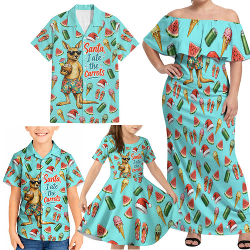 Aussie Christmas Santa Family Matching Off Shoulder Maxi Dress and Hawaiian Shirt Retro Cartoon Summer Holiday Beach - I Ate The Carrots Kangaroo