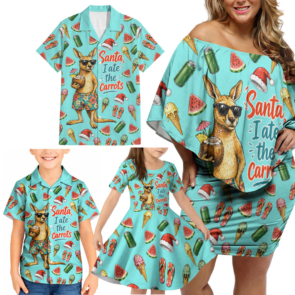 Aussie Christmas Santa Family Matching Off Shoulder Short Dress and Hawaiian Shirt Retro Cartoon Summer Holiday Beach - I Ate The Carrots Kangaroo