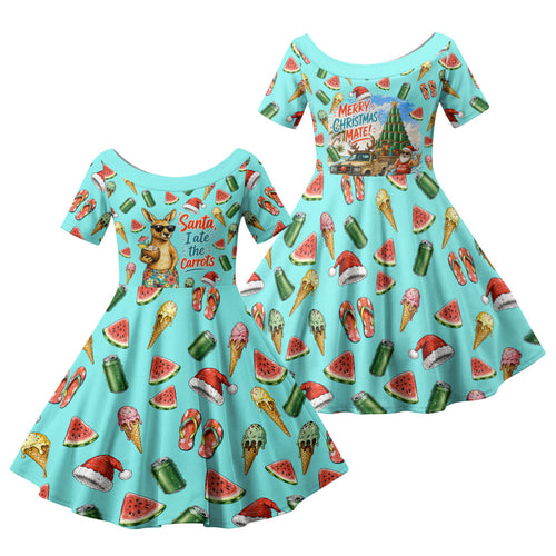 Aussie Christmas Santa Family Matching Off Shoulder Short Dress and Hawaiian Shirt Retro Cartoon Summer Holiday Beach - I Ate The Carrots Kangaroo