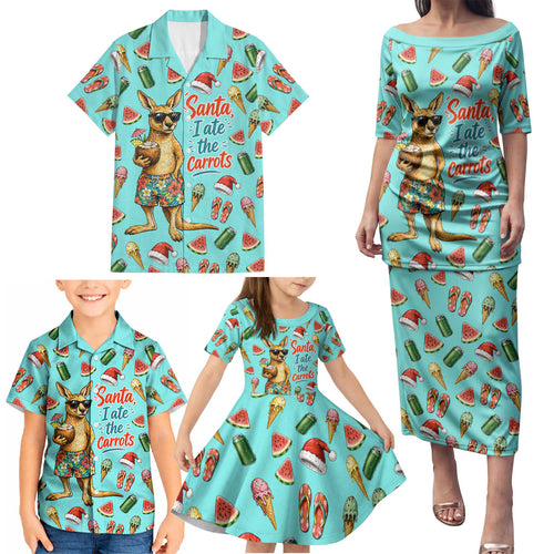Aussie Christmas Santa Family Matching Puletasi and Hawaiian Shirt Retro Cartoon Summer Holiday Beach - I Ate The Carrots Kangaroo